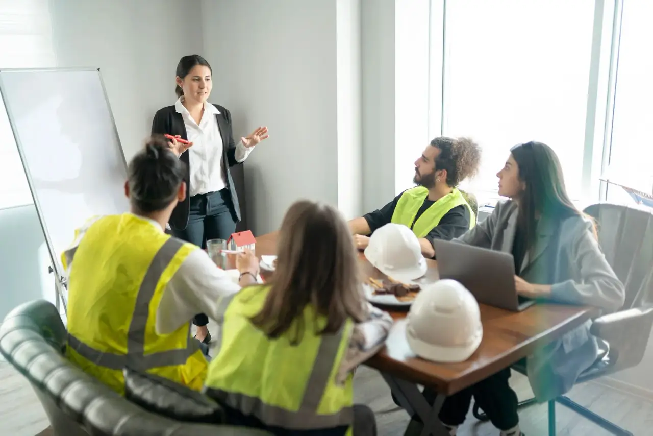 Workplace meeting with attendees in yellow safety vests and a hard hat at a table.