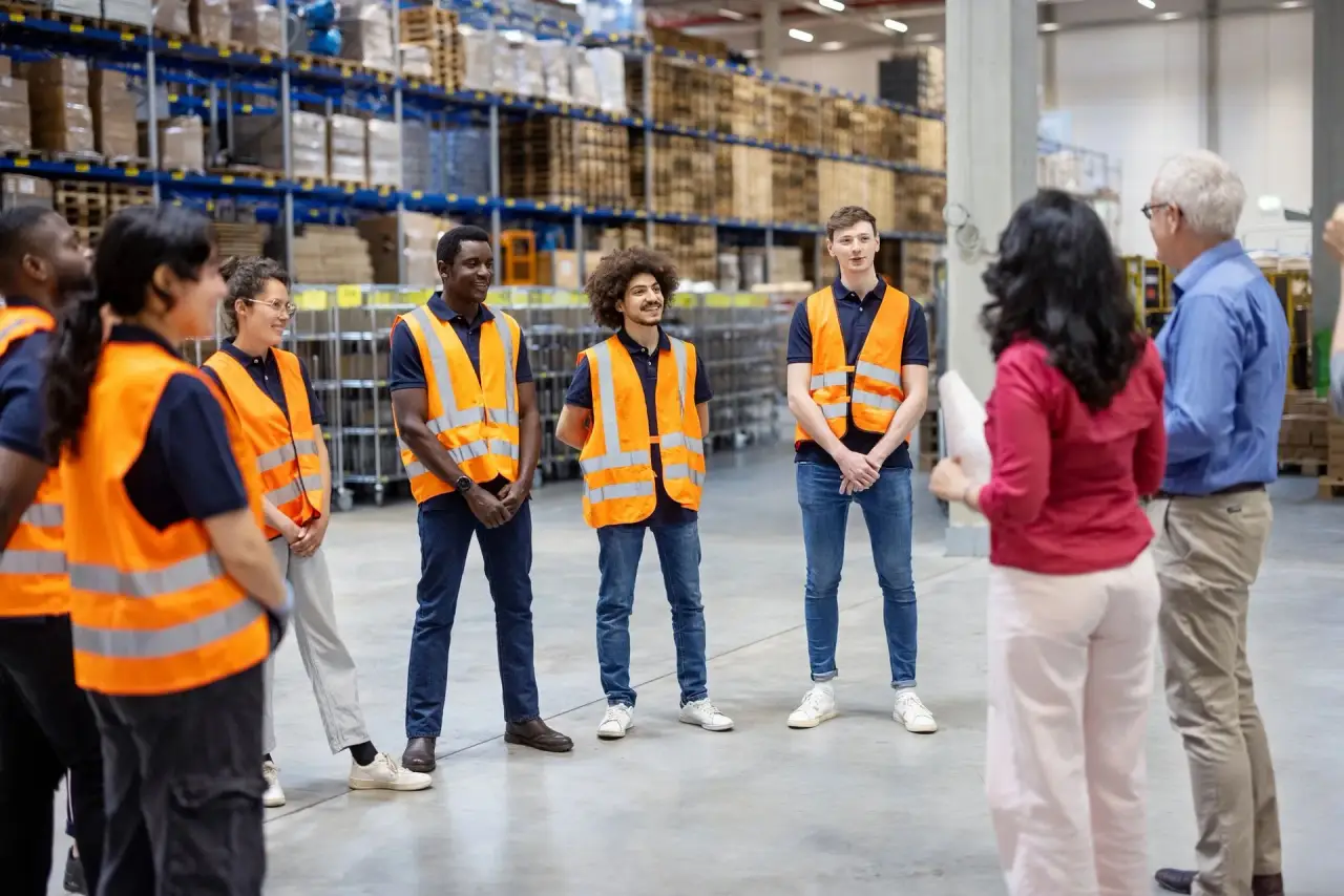 Three men in orange safety vests standing in a warehouse (Home Depot) aisle.