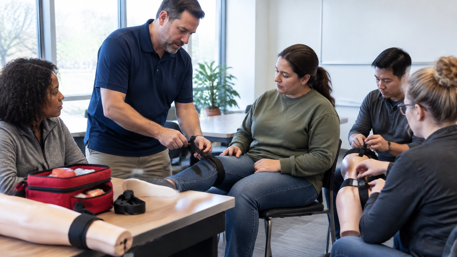 Instructor demonstrating tourniquet and bleeding-control skills in a workplace training session.