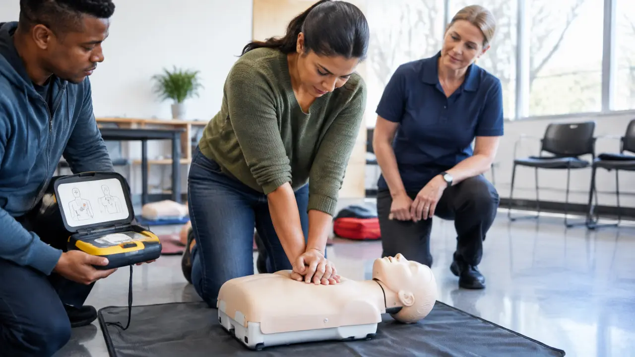 Bystander practicing chest compressions on a CPR manikin while another person prepares an AED trainer.